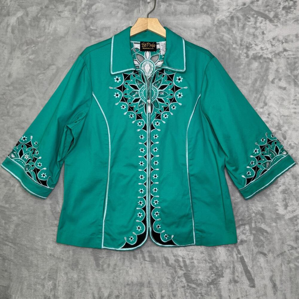 Bob Mackie Wearable Art Jacket Womens 1X Green Embroidered Floral Zip Up Retro